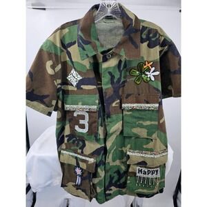 Custom Embellished Camo Shirt Black Melanin Rhinestone Short Sleeve Large